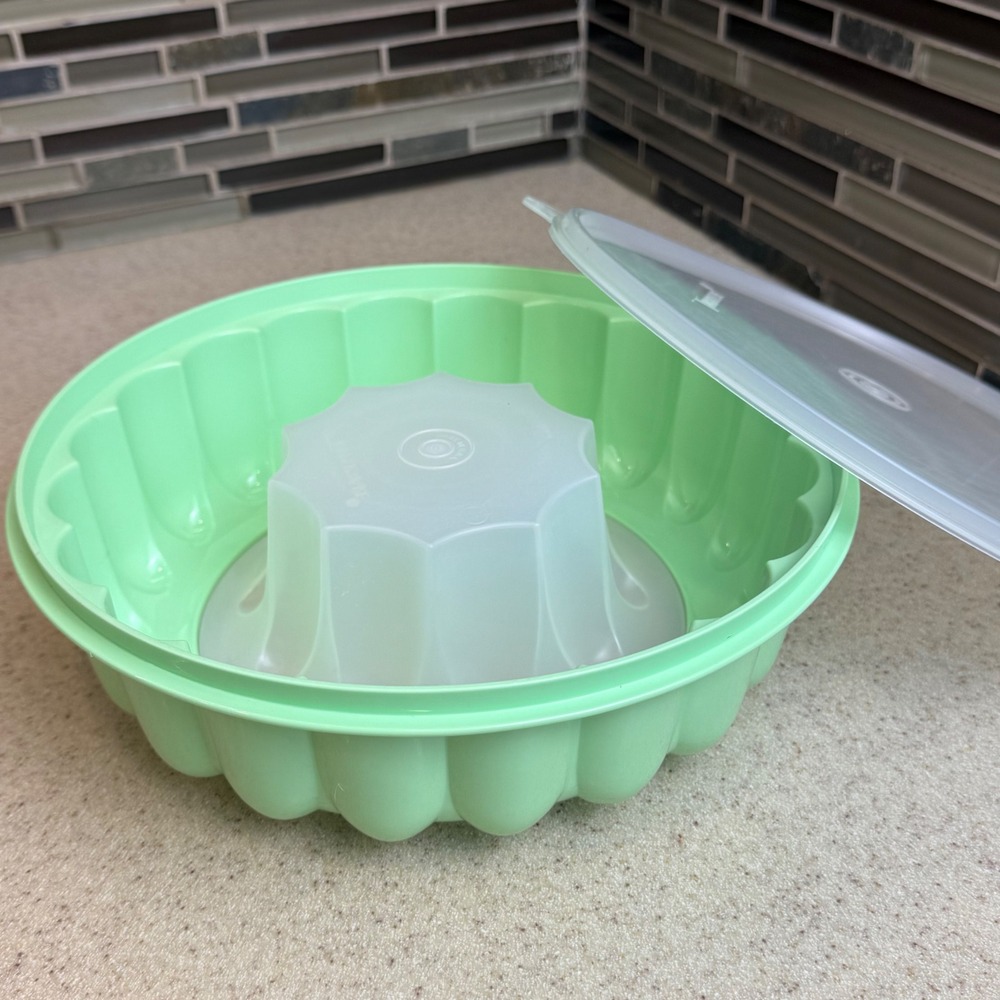 Vintage Tupperware Jel-N-Serve Jello Mold Mint Green Sheer 3pc Set Retro Kitchen